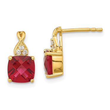 14K Yellow Gold Synthetic Checkerboard Ruby and Diamond Earrings